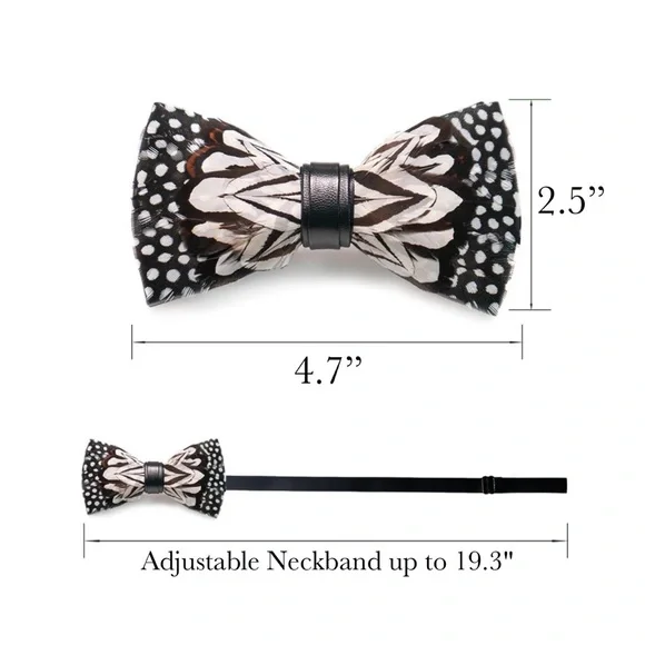 Handmade Black and White Feather Bow Tie Boutonnière Lapel Pin Set - Picture 16 of 16